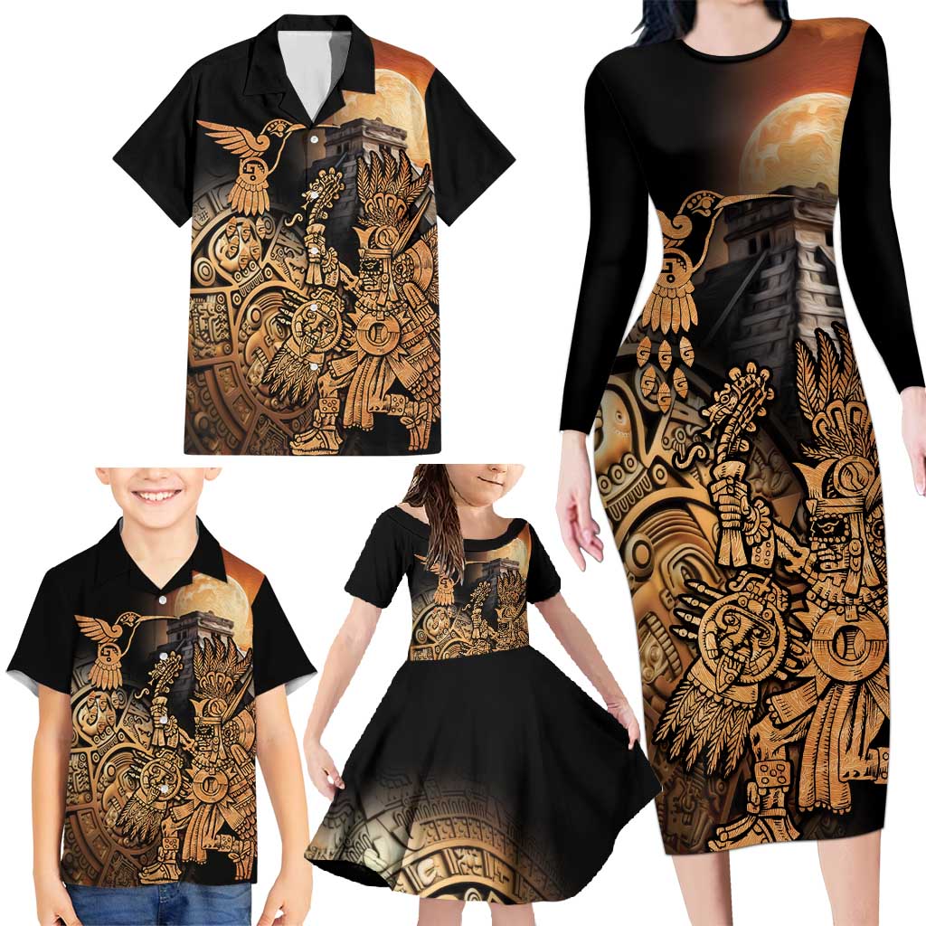 Mexico Warrior Family Matching Long Sleeve Bodycon Dress and Hawaiian Shirt Huitzilopochtli With Aztec Hummingbird - Wonder Print Shop