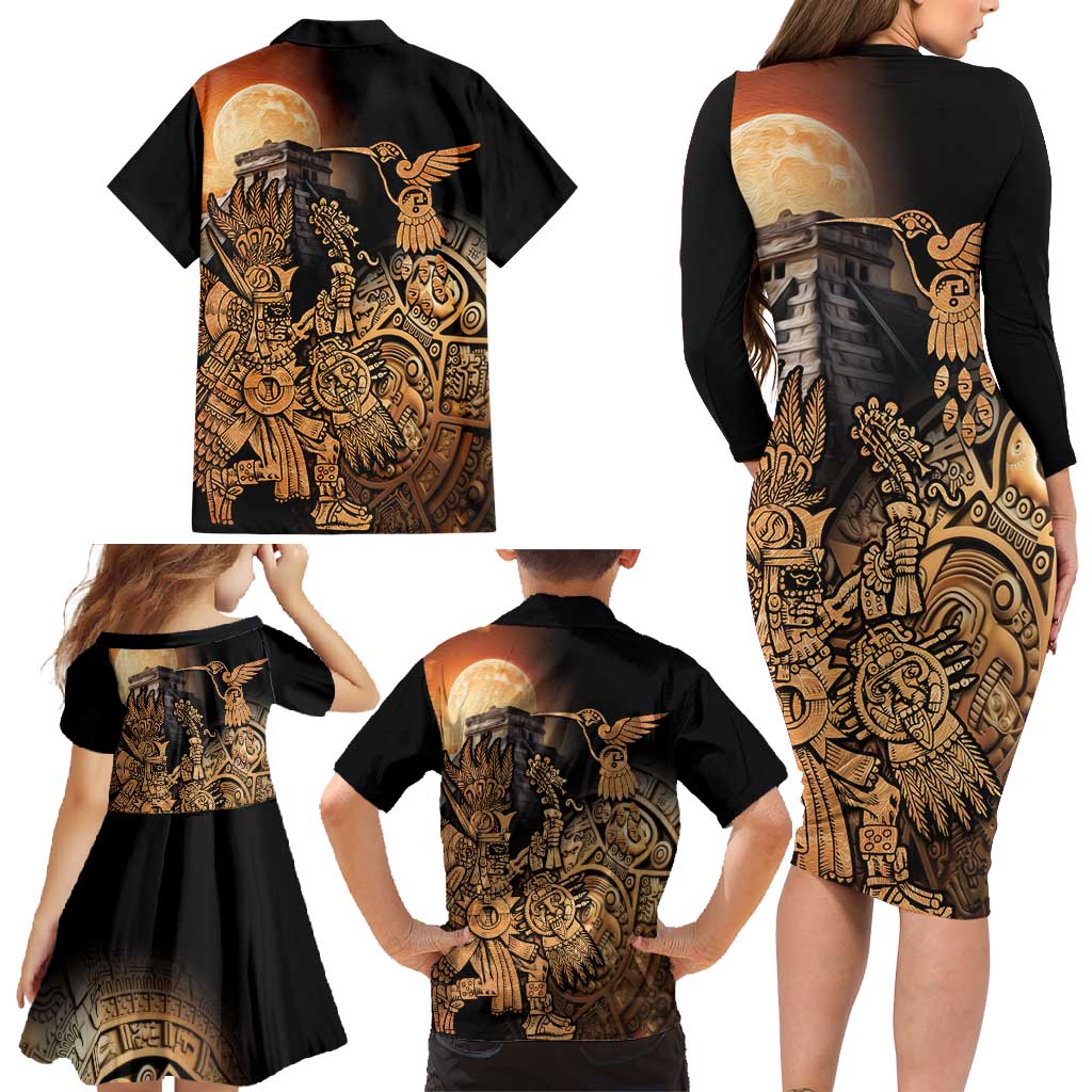 Mexico Warrior Family Matching Long Sleeve Bodycon Dress and Hawaiian Shirt Huitzilopochtli With Aztec Hummingbird - Wonder Print Shop