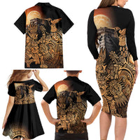Mexico Warrior Family Matching Long Sleeve Bodycon Dress and Hawaiian Shirt Huitzilopochtli With Aztec Hummingbird - Wonder Print Shop