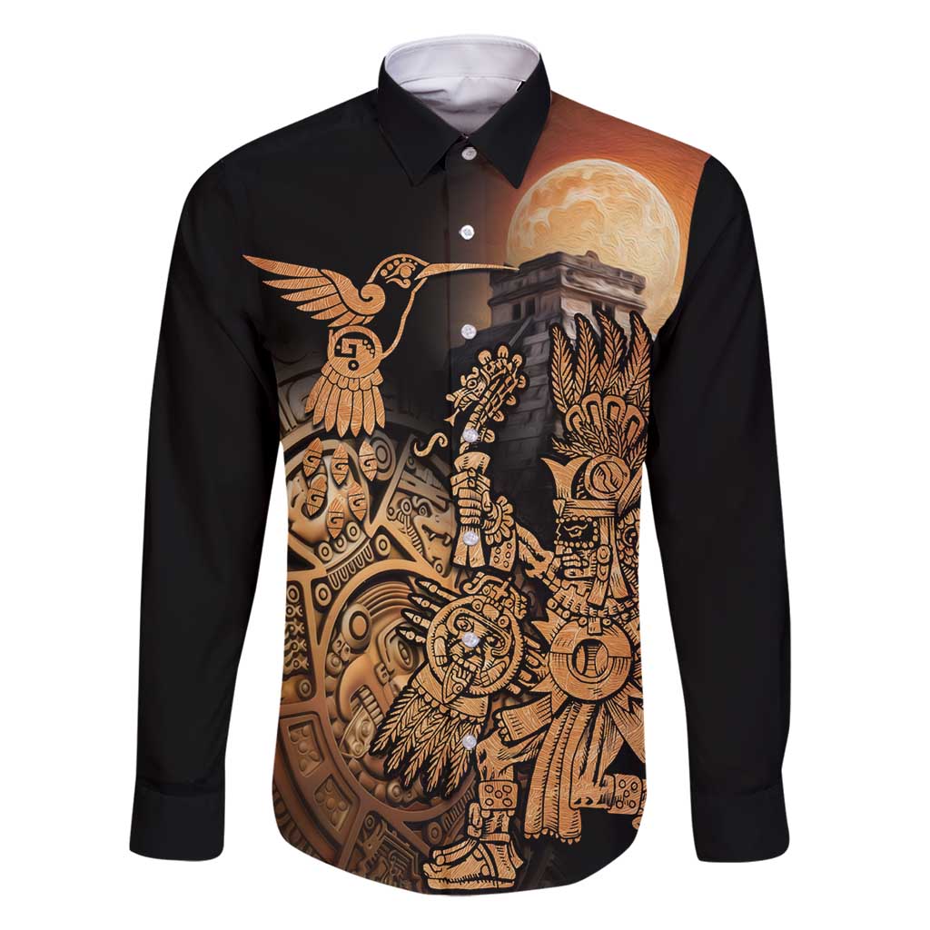 Mexico Warrior Family Matching Long Sleeve Bodycon Dress and Hawaiian Shirt Huitzilopochtli With Aztec Hummingbird - Wonder Print Shop
