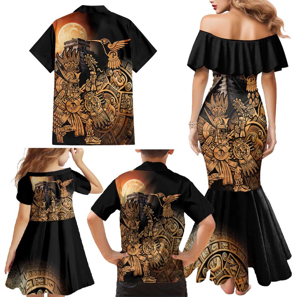 Mexico Warrior Family Matching Mermaid Dress and Hawaiian Shirt Huitzilopochtli With Aztec Hummingbird - Wonder Print Shop
