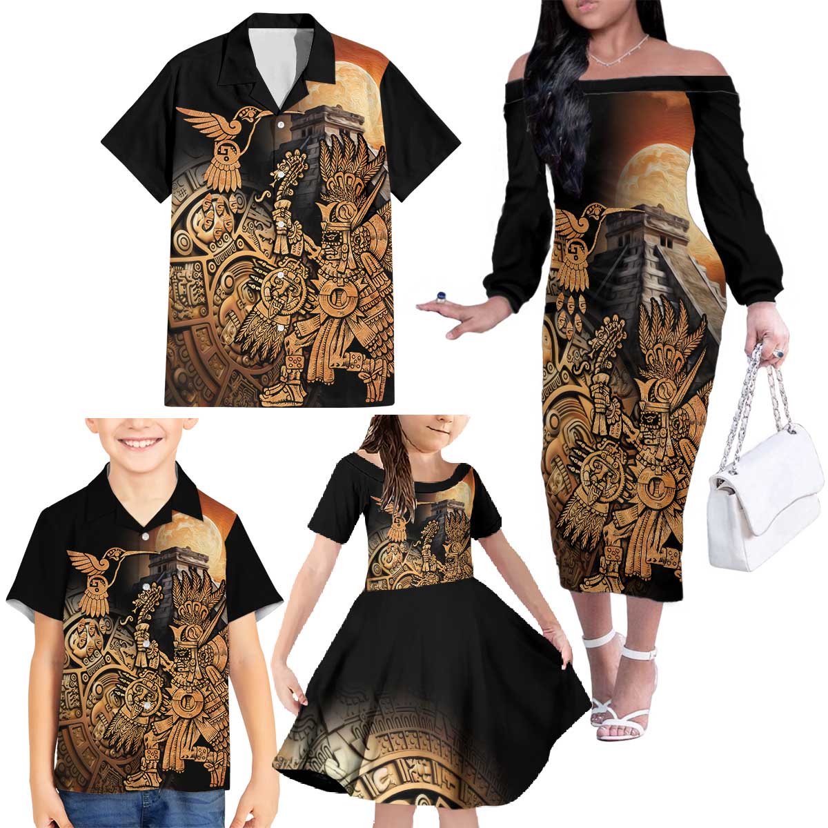 Mexico Warrior Family Matching Off The Shoulder Long Sleeve Dress and Hawaiian Shirt Huitzilopochtli With Aztec Hummingbird - Wonder Print Shop