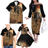 Mexico Warrior Family Matching Off The Shoulder Long Sleeve Dress and Hawaiian Shirt Huitzilopochtli With Aztec Hummingbird - Wonder Print Shop