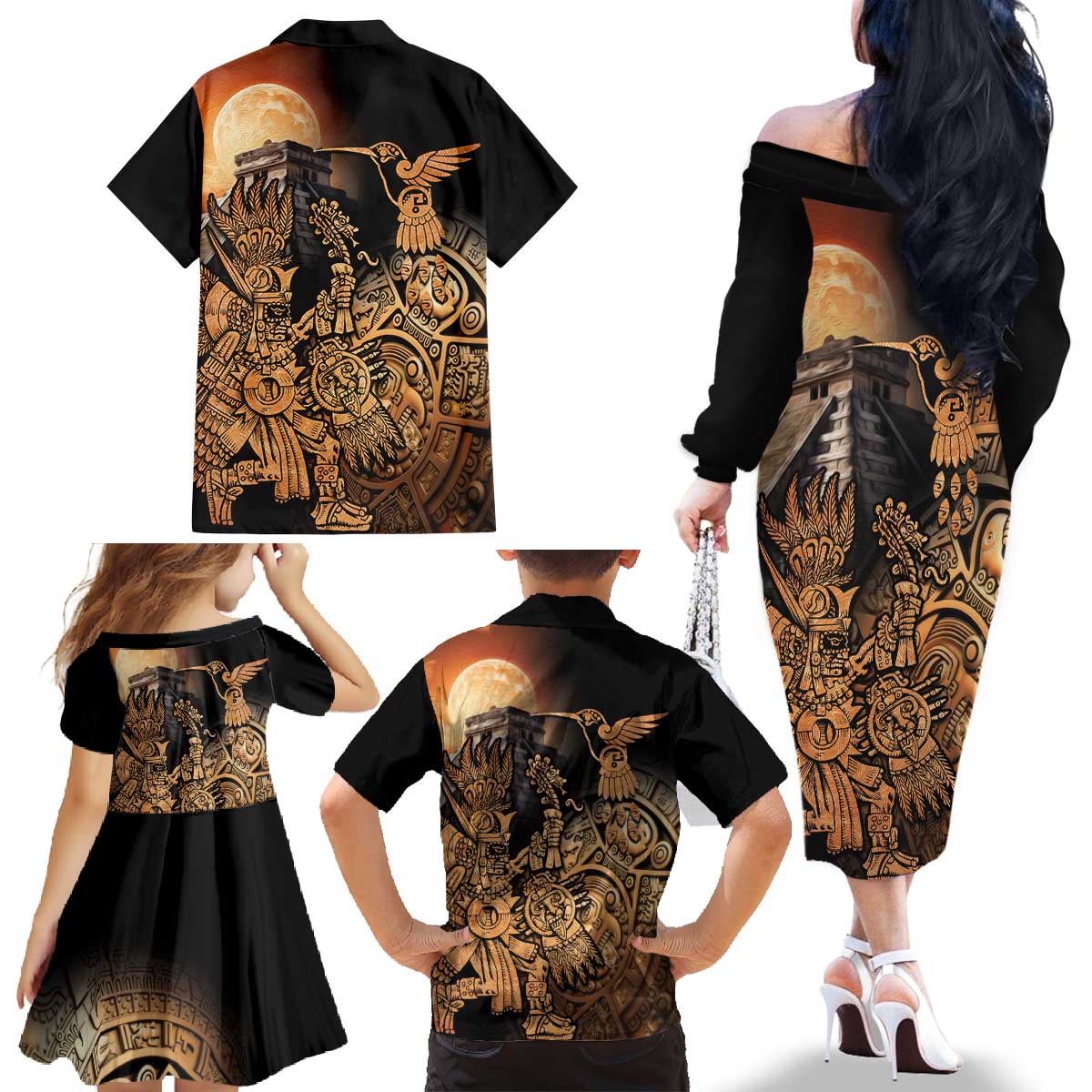 Mexico Warrior Family Matching Off The Shoulder Long Sleeve Dress and Hawaiian Shirt Huitzilopochtli With Aztec Hummingbird - Wonder Print Shop