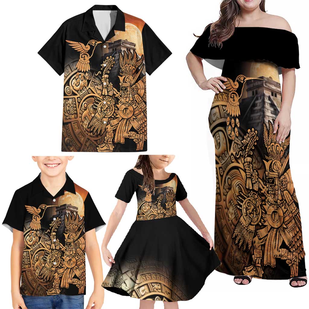 Mexico Warrior Family Matching Off Shoulder Maxi Dress and Hawaiian Shirt Huitzilopochtli With Aztec Hummingbird - Wonder Print Shop