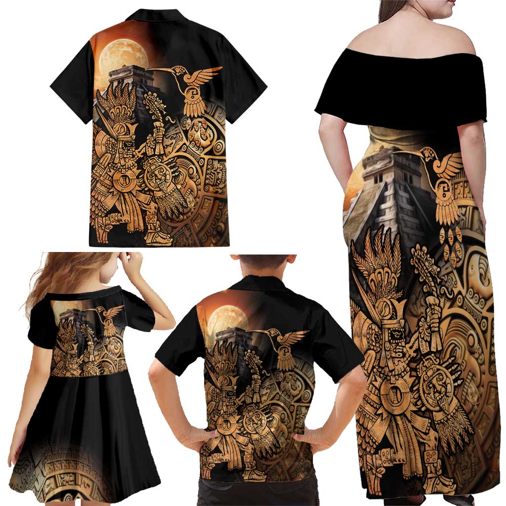 Mexico Warrior Family Matching Off Shoulder Maxi Dress and Hawaiian Shirt Huitzilopochtli With Aztec Hummingbird - Wonder Print Shop