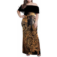 Mexico Warrior Family Matching Off Shoulder Maxi Dress and Hawaiian Shirt Huitzilopochtli With Aztec Hummingbird - Wonder Print Shop