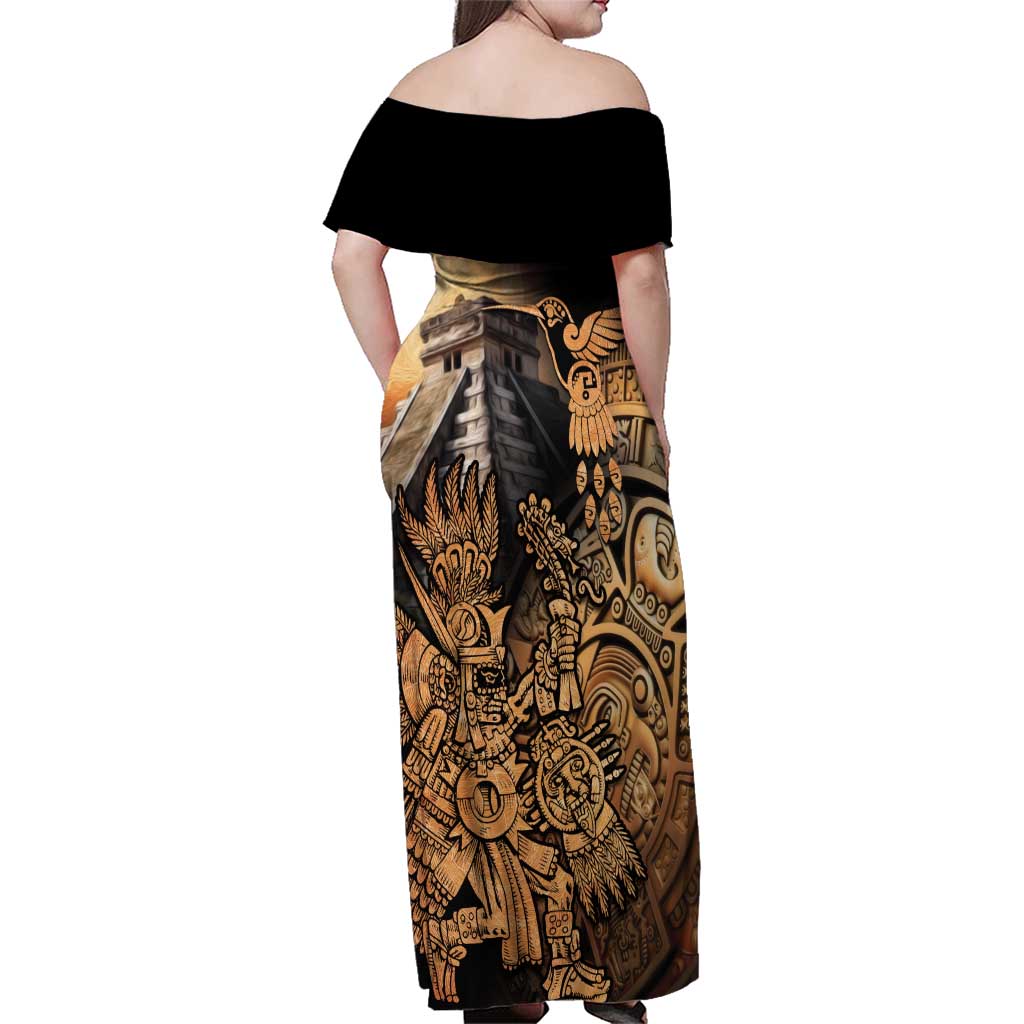 Mexico Warrior Family Matching Off Shoulder Maxi Dress and Hawaiian Shirt Huitzilopochtli With Aztec Hummingbird - Wonder Print Shop
