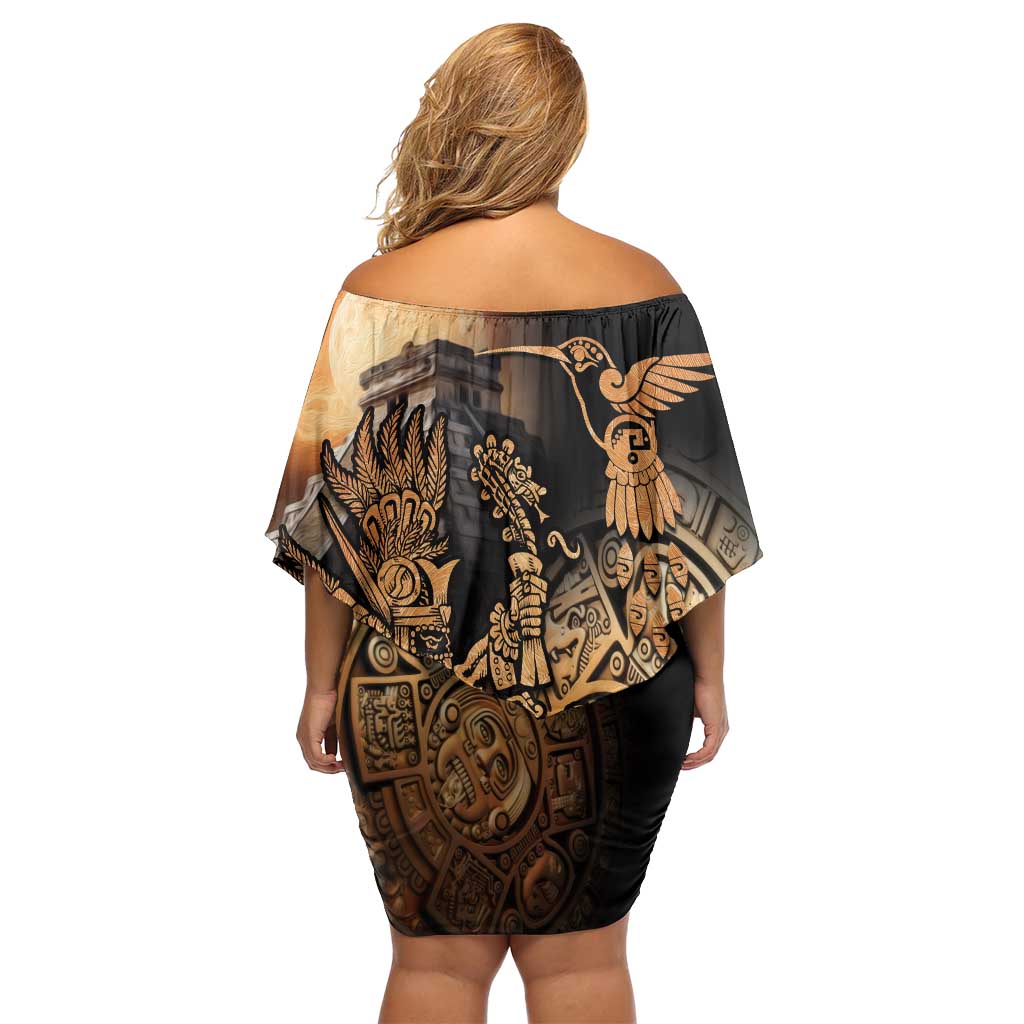 Mexico Warrior Family Matching Off Shoulder Short Dress and Hawaiian Shirt Huitzilopochtli With Aztec Hummingbird - Wonder Print Shop
