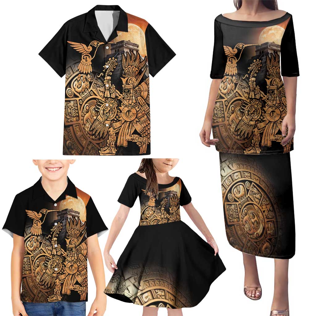 Mexico Warrior Family Matching Puletasi and Hawaiian Shirt Huitzilopochtli With Aztec Hummingbird - Wonder Print Shop