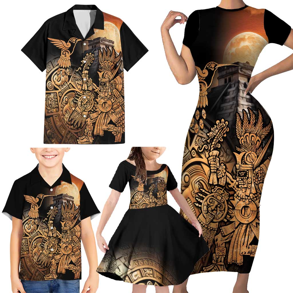Mexico Warrior Family Matching Short Sleeve Bodycon Dress and Hawaiian Shirt Huitzilopochtli With Aztec Hummingbird - Wonder Print Shop