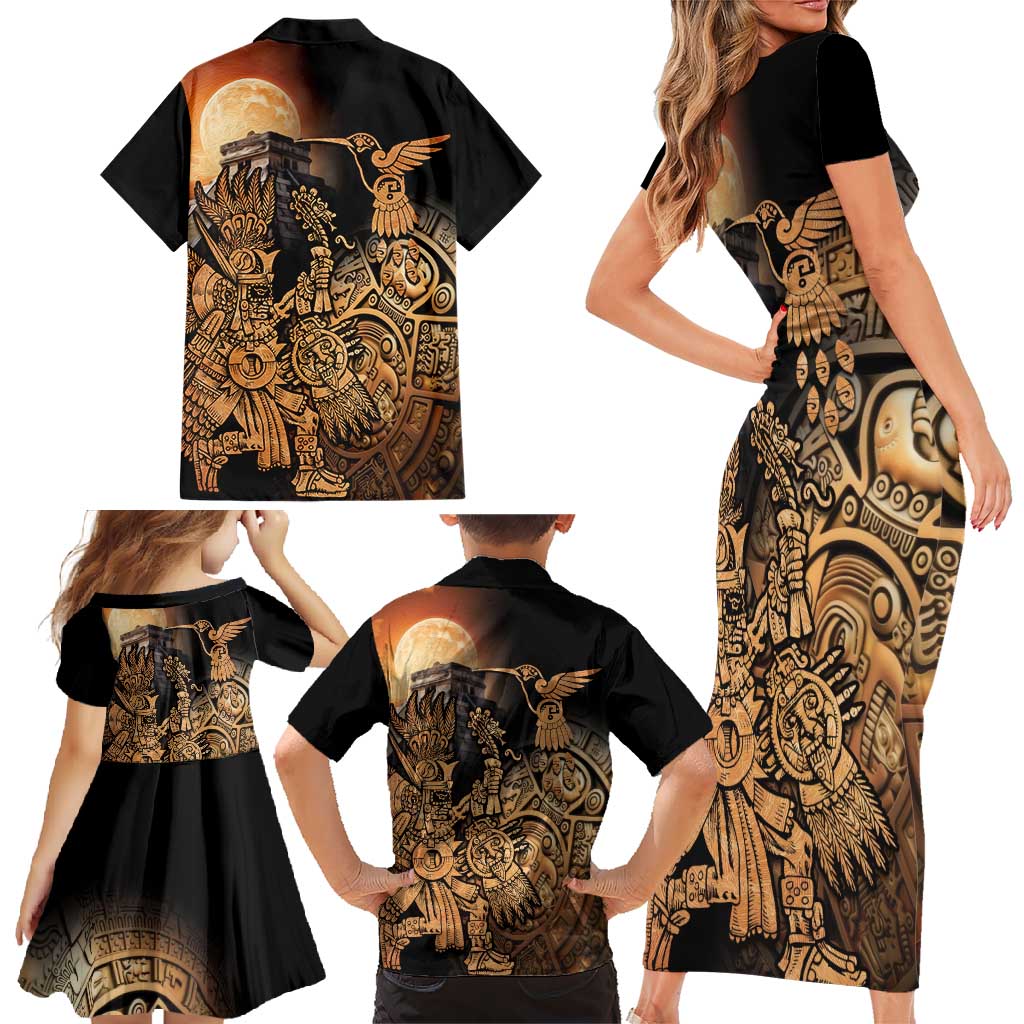 Mexico Warrior Family Matching Short Sleeve Bodycon Dress and Hawaiian Shirt Huitzilopochtli With Aztec Hummingbird - Wonder Print Shop