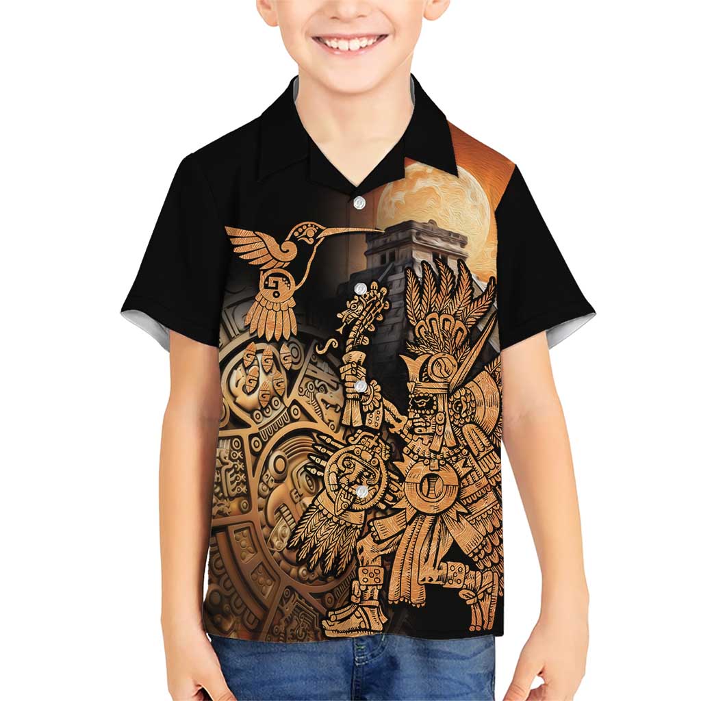 Mexico Warrior Family Matching Short Sleeve Bodycon Dress and Hawaiian Shirt Huitzilopochtli With Aztec Hummingbird - Wonder Print Shop
