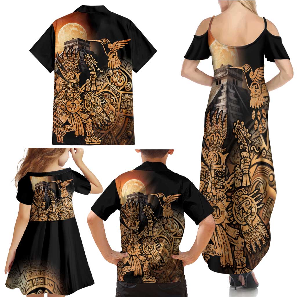 Mexico Warrior Family Matching Summer Maxi Dress and Hawaiian Shirt Huitzilopochtli With Aztec Hummingbird - Wonder Print Shop