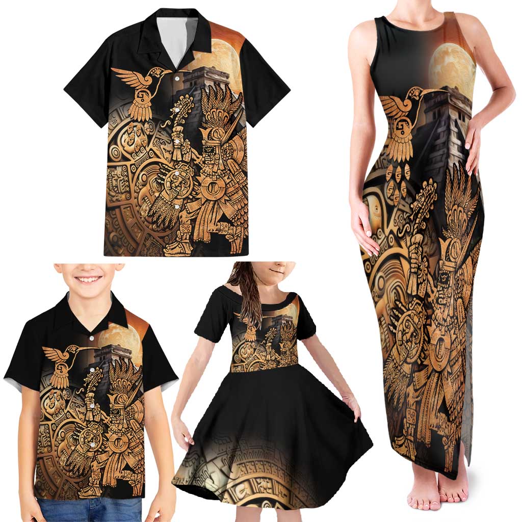 Mexico Warrior Family Matching Tank Maxi Dress and Hawaiian Shirt Huitzilopochtli With Aztec Hummingbird - Wonder Print Shop