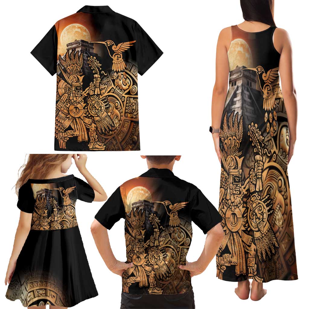 Mexico Warrior Family Matching Tank Maxi Dress and Hawaiian Shirt Huitzilopochtli With Aztec Hummingbird - Wonder Print Shop