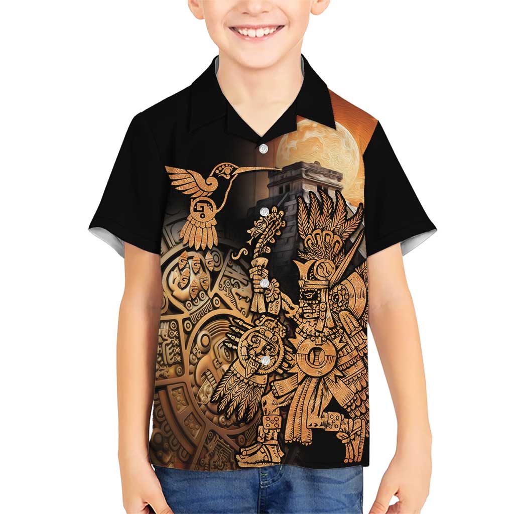 Mexico Warrior Kid Hawaiian Shirt Huitzilopochtli With Aztec Hummingbird - Wonder Print Shop