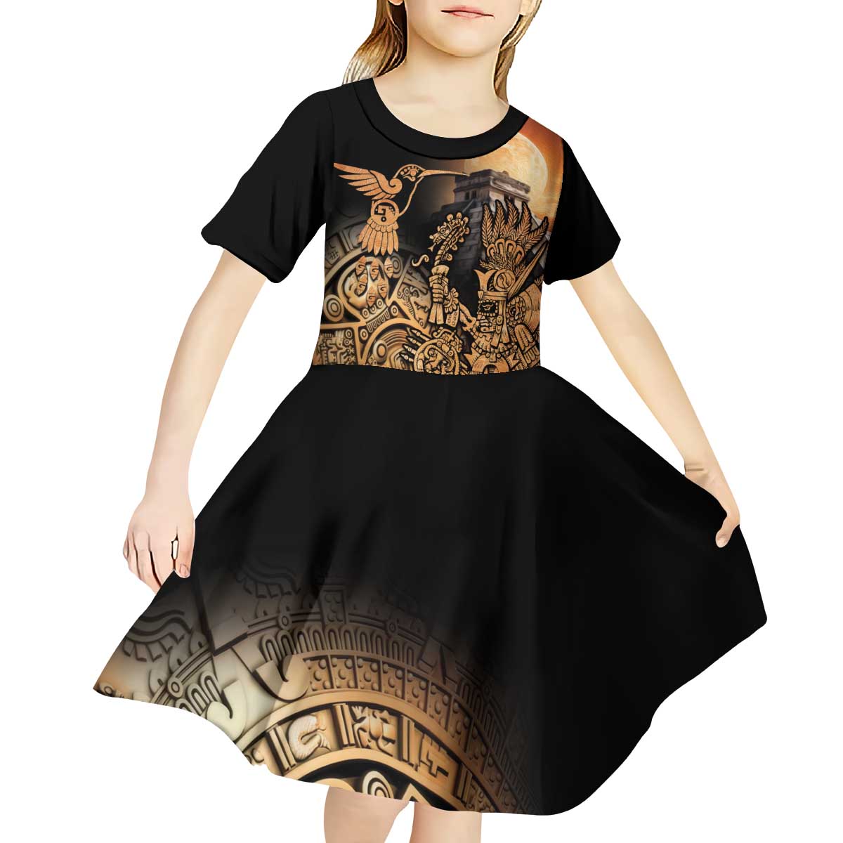 Mexico Warrior Kid Short Sleeve Dress Huitzilopochtli With Aztec Hummingbird - Wonder Print Shop
