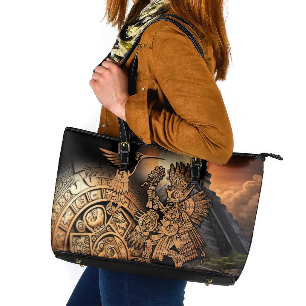 Mexico Warrior Leather Tote Bag Huitzilopochtli With Aztec Hummingbird - Wonder Print Shop
