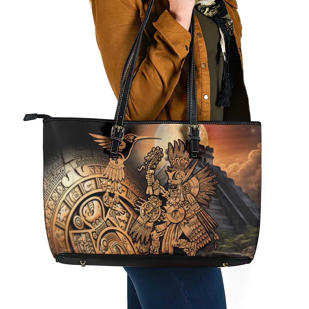 Mexico Warrior Leather Tote Bag Huitzilopochtli With Aztec Hummingbird - Wonder Print Shop