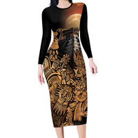 Mexico Warrior Long Sleeve Bodycon Dress Huitzilopochtli With Aztec Hummingbird - Wonder Print Shop