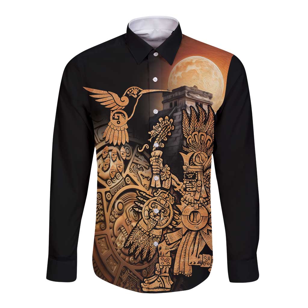 Mexico Warrior Long Sleeve Button Shirt Huitzilopochtli With Aztec Hummingbird - Wonder Print Shop