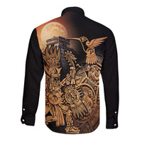 Mexico Warrior Long Sleeve Button Shirt Huitzilopochtli With Aztec Hummingbird - Wonder Print Shop