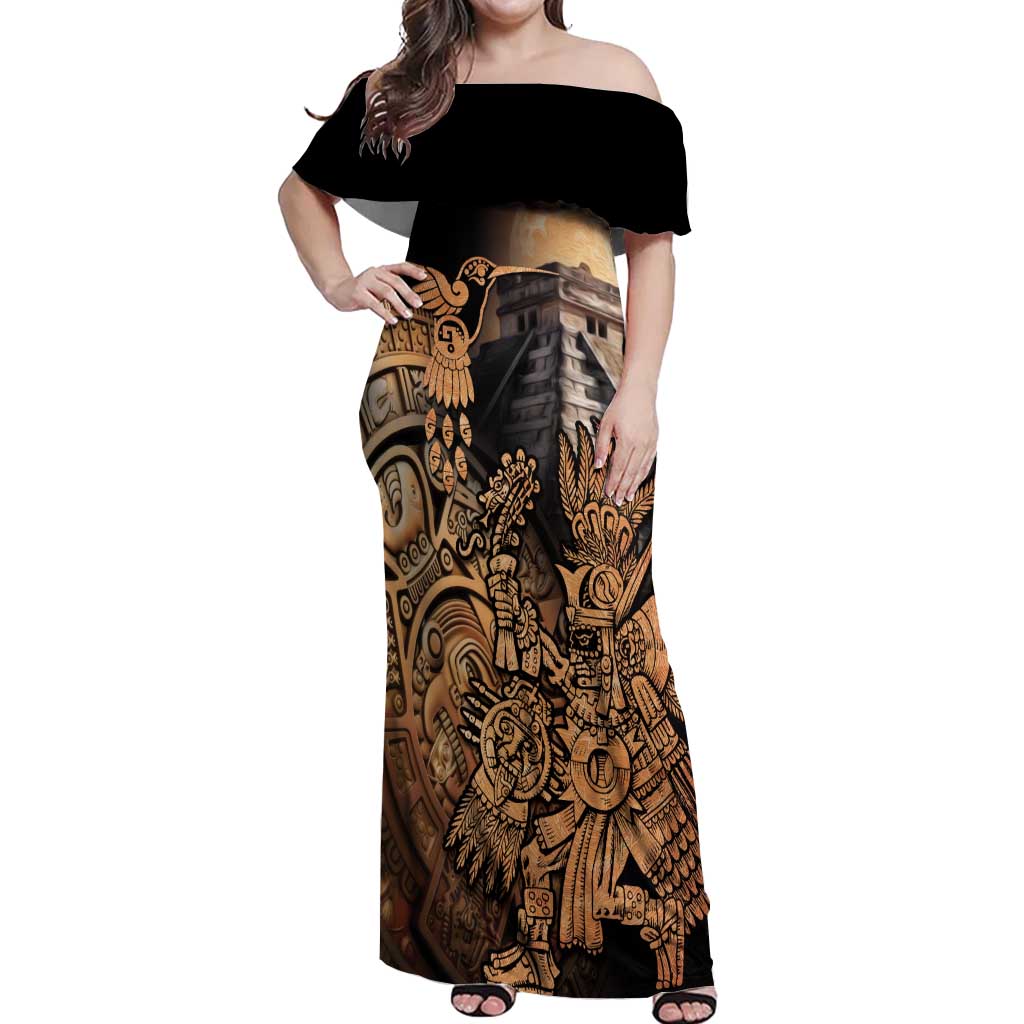 Mexico Warrior Off Shoulder Maxi Dress Huitzilopochtli With Aztec Hummingbird - Wonder Print Shop