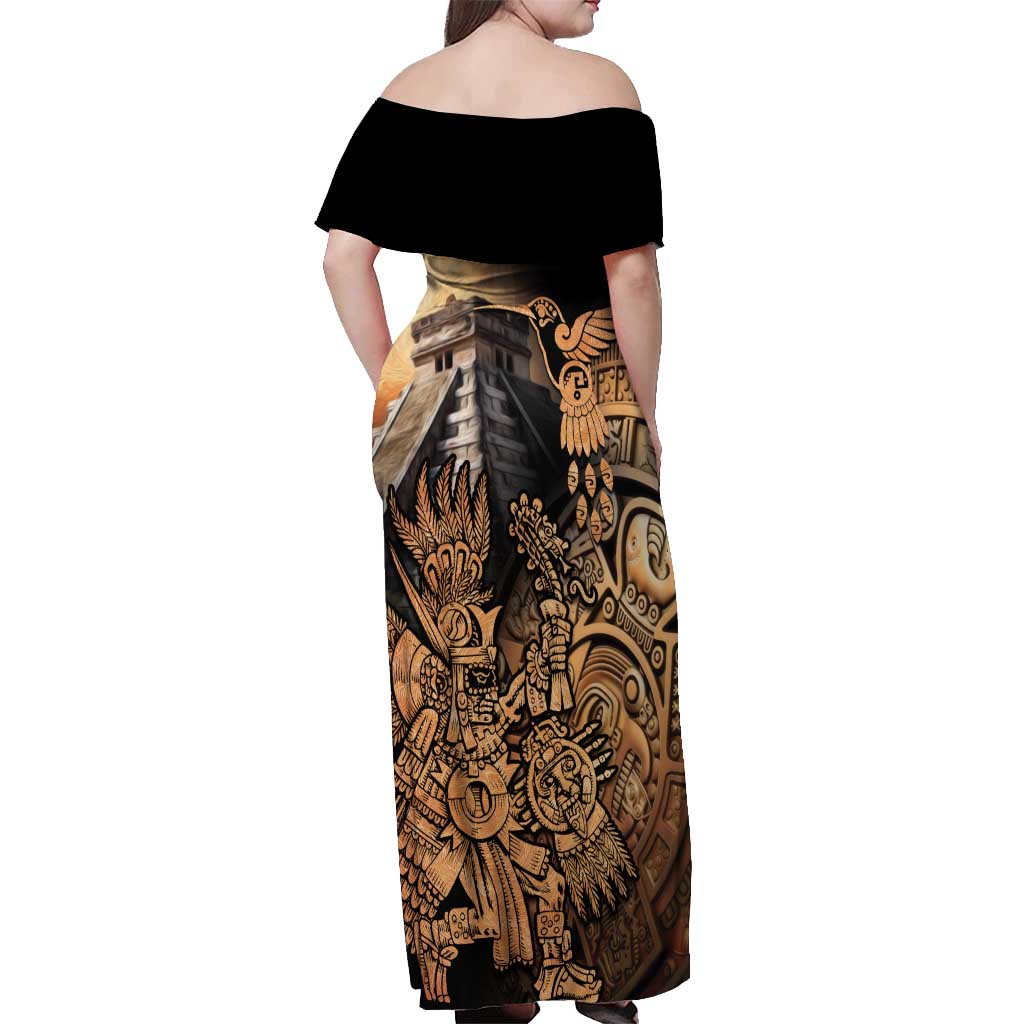 Mexico Warrior Off Shoulder Maxi Dress Huitzilopochtli With Aztec Hummingbird - Wonder Print Shop