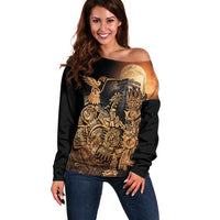 Mexico Warrior Off Shoulder Sweater Huitzilopochtli With Aztec Hummingbird - Wonder Print Shop