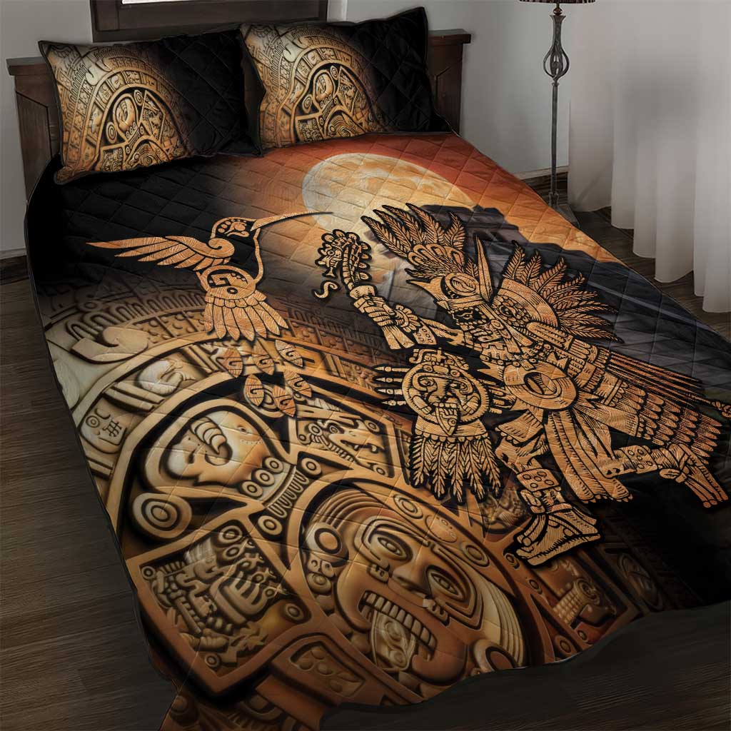 Mexico Warrior Quilt Bed Set Huitzilopochtli With Aztec Hummingbird - Wonder Print Shop