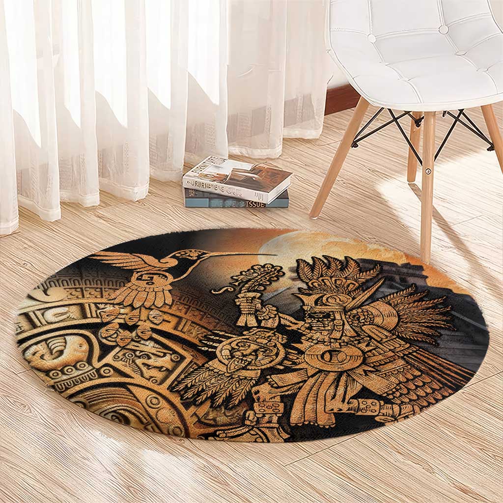 Mexico Warrior Round Carpet Huitzilopochtli With Aztec Hummingbird