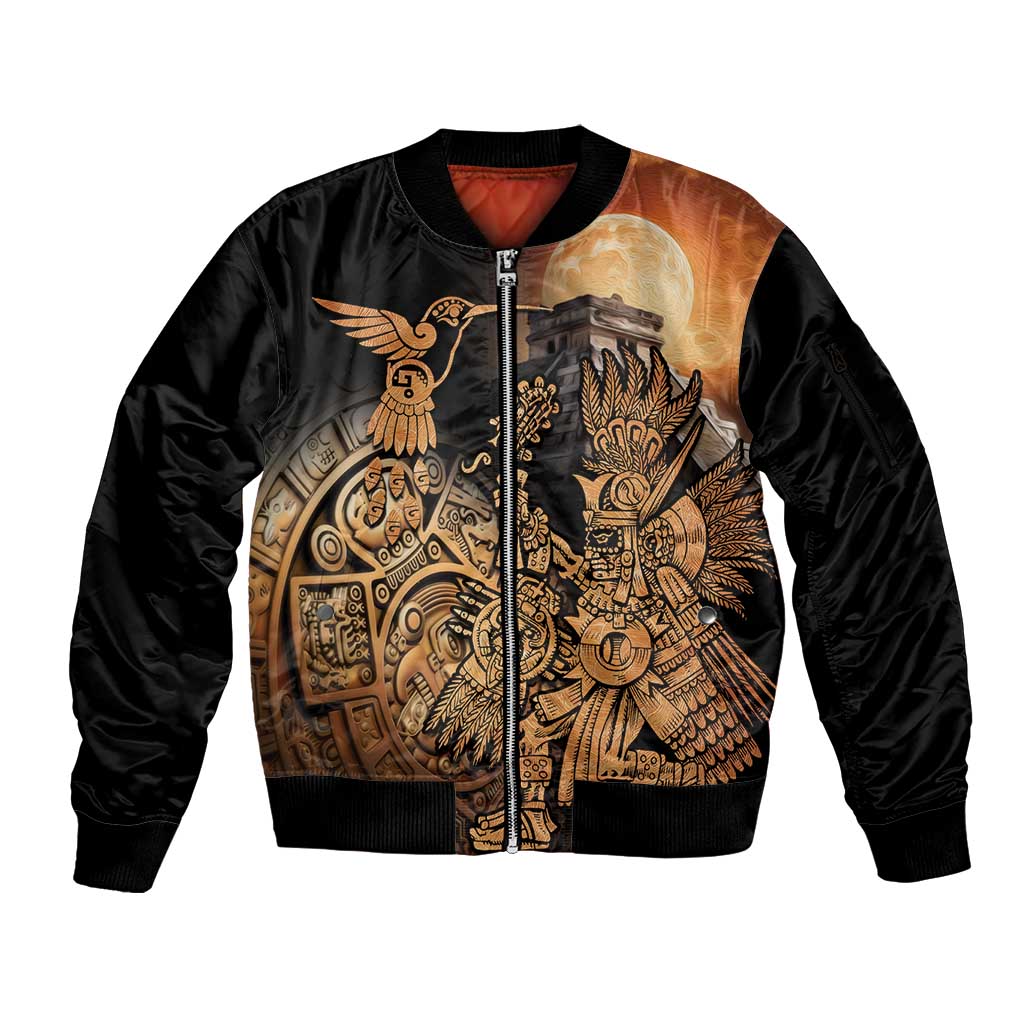 Mexico Warrior Sleeve Zip Bomber Jacket Huitzilopochtli With Aztec Hummingbird - Wonder Print Shop