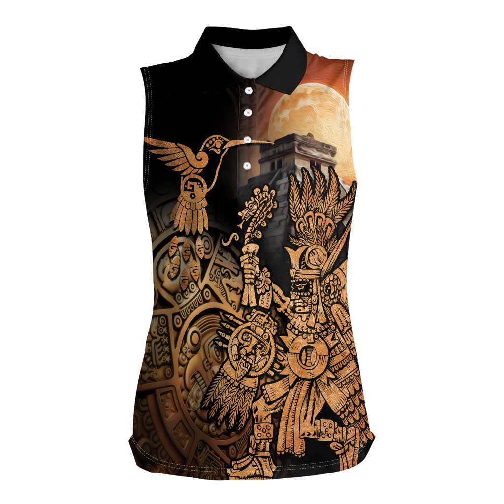 Mexico Warrior Women Sleeveless Polo Shirt Huitzilopochtli With Aztec Hummingbird - Wonder Print Shop