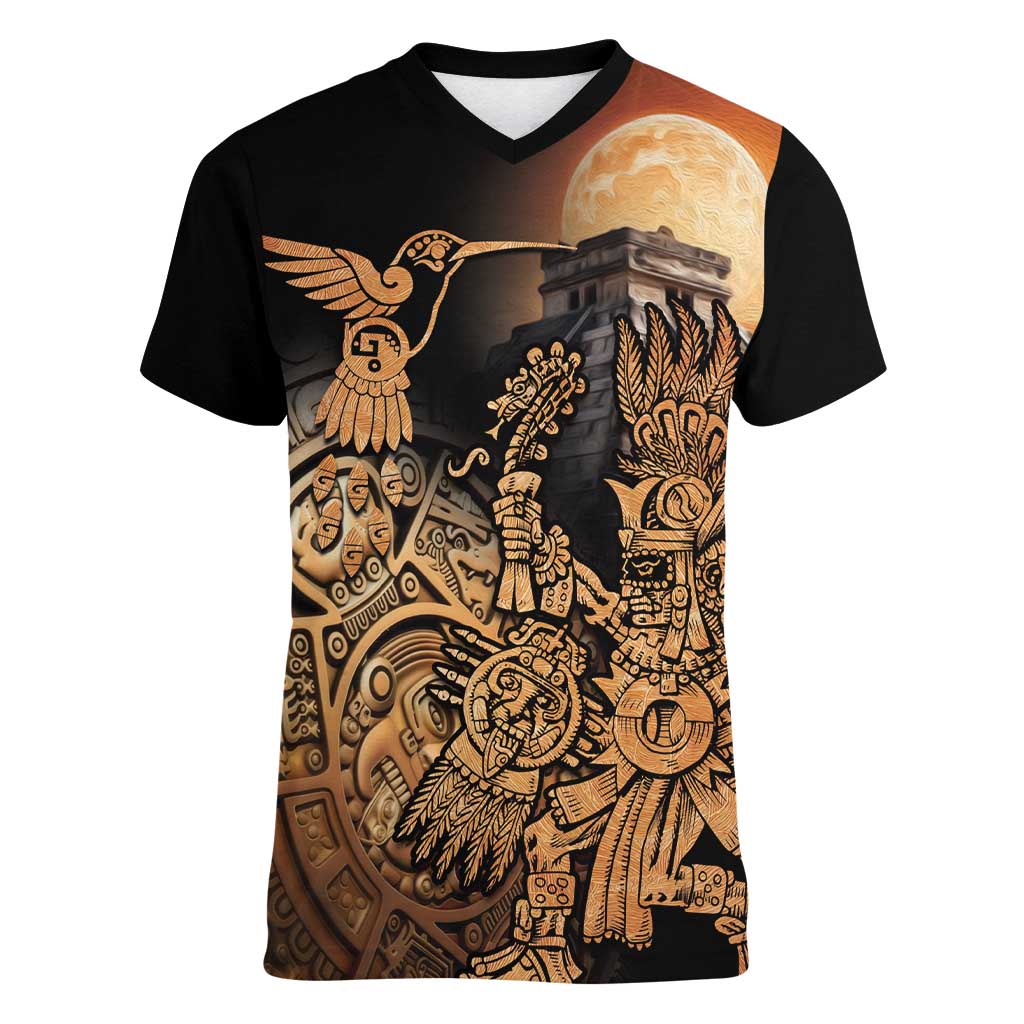 Mexico Warrior Women V-Neck T-Shirt Huitzilopochtli With Aztec Hummingbird - Wonder Print Shop