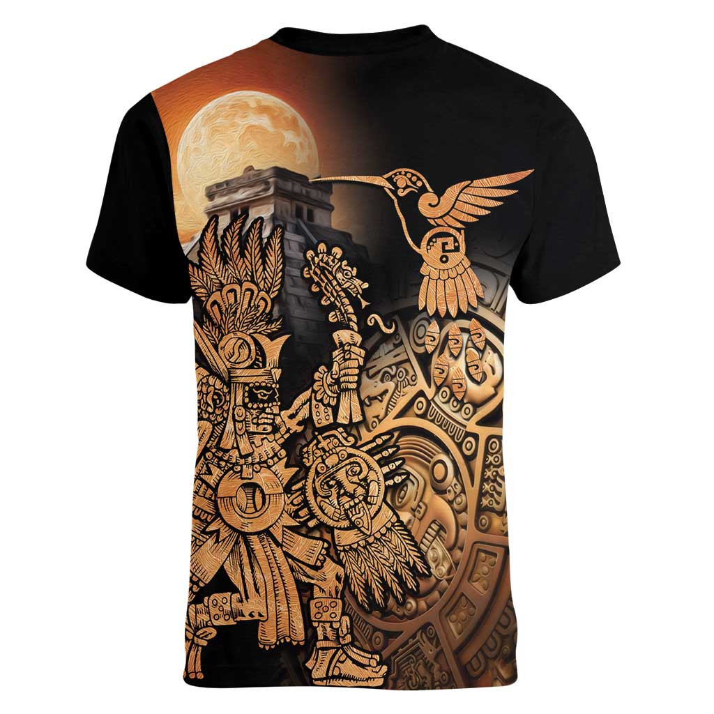 Mexico Warrior Women V-Neck T-Shirt Huitzilopochtli With Aztec Hummingbird - Wonder Print Shop