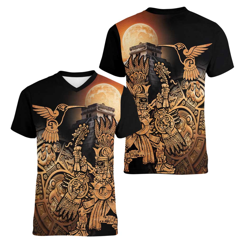 Mexico Warrior Women V-Neck T-Shirt Huitzilopochtli With Aztec Hummingbird - Wonder Print Shop