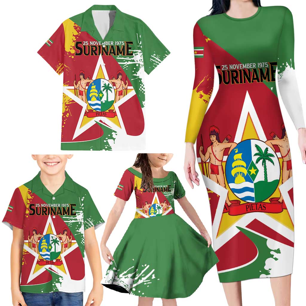 Personalized Suriname Independence Day Family Matching Long Sleeve Bodycon Dress and Hawaiian Shirt Coat Of Arms - Flag Style - Wonder Print Shop