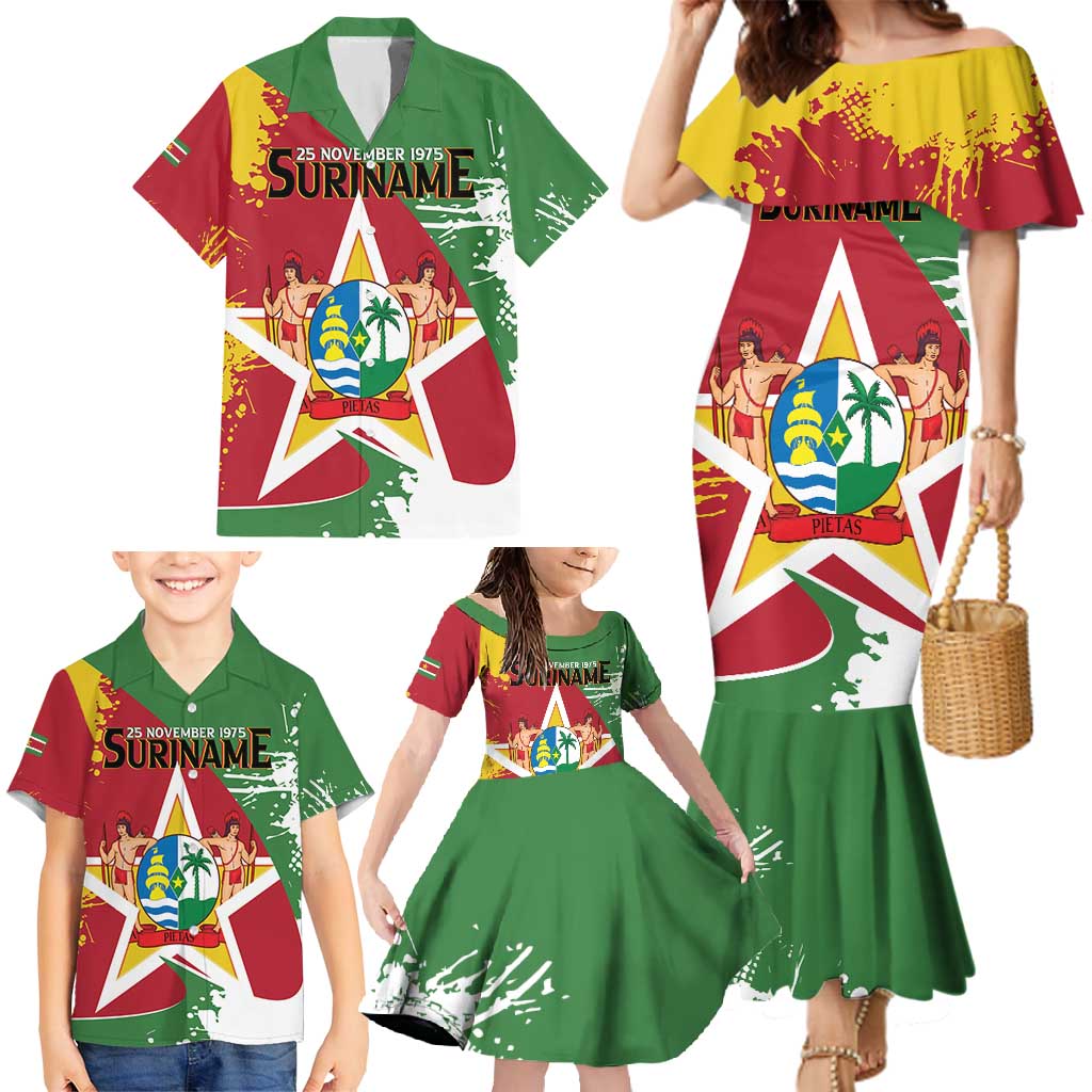 Personalized Suriname Independence Day Family Matching Mermaid Dress and Hawaiian Shirt Coat Of Arms - Flag Style - Wonder Print Shop