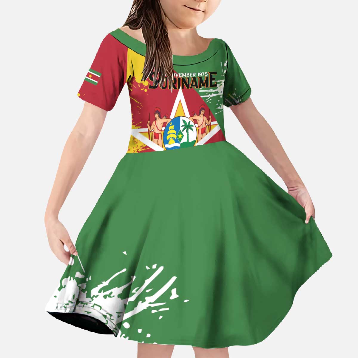 Personalized Suriname Independence Day Family Matching Off The Shoulder Long Sleeve Dress and Hawaiian Shirt Coat Of Arms - Flag Style - Wonder Print Shop