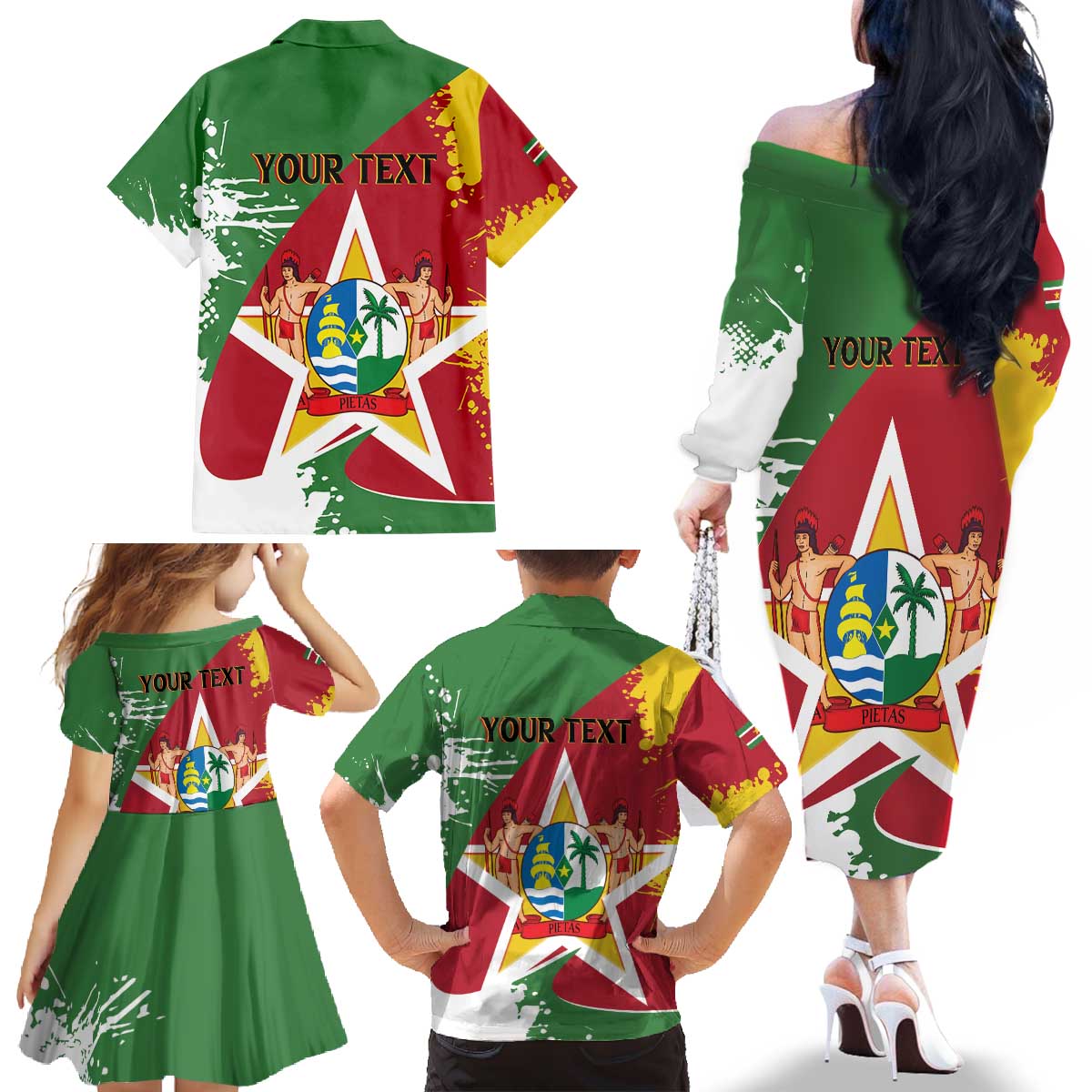 Personalized Suriname Independence Day Family Matching Off The Shoulder Long Sleeve Dress and Hawaiian Shirt Coat Of Arms - Flag Style - Wonder Print Shop