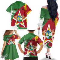 Personalized Suriname Independence Day Family Matching Off The Shoulder Long Sleeve Dress and Hawaiian Shirt Coat Of Arms - Flag Style - Wonder Print Shop
