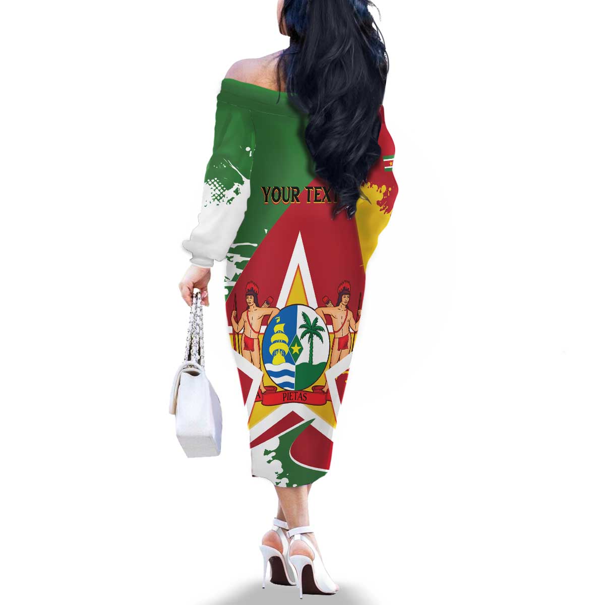 Personalized Suriname Independence Day Family Matching Off The Shoulder Long Sleeve Dress and Hawaiian Shirt Coat Of Arms - Flag Style - Wonder Print Shop