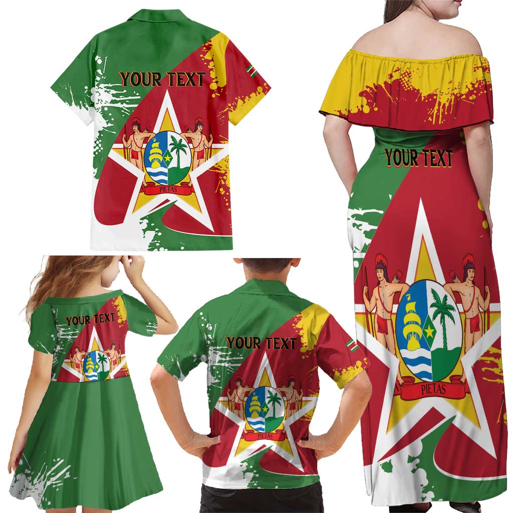 Personalized Suriname Independence Day Family Matching Off Shoulder Maxi Dress and Hawaiian Shirt Coat Of Arms - Flag Style - Wonder Print Shop