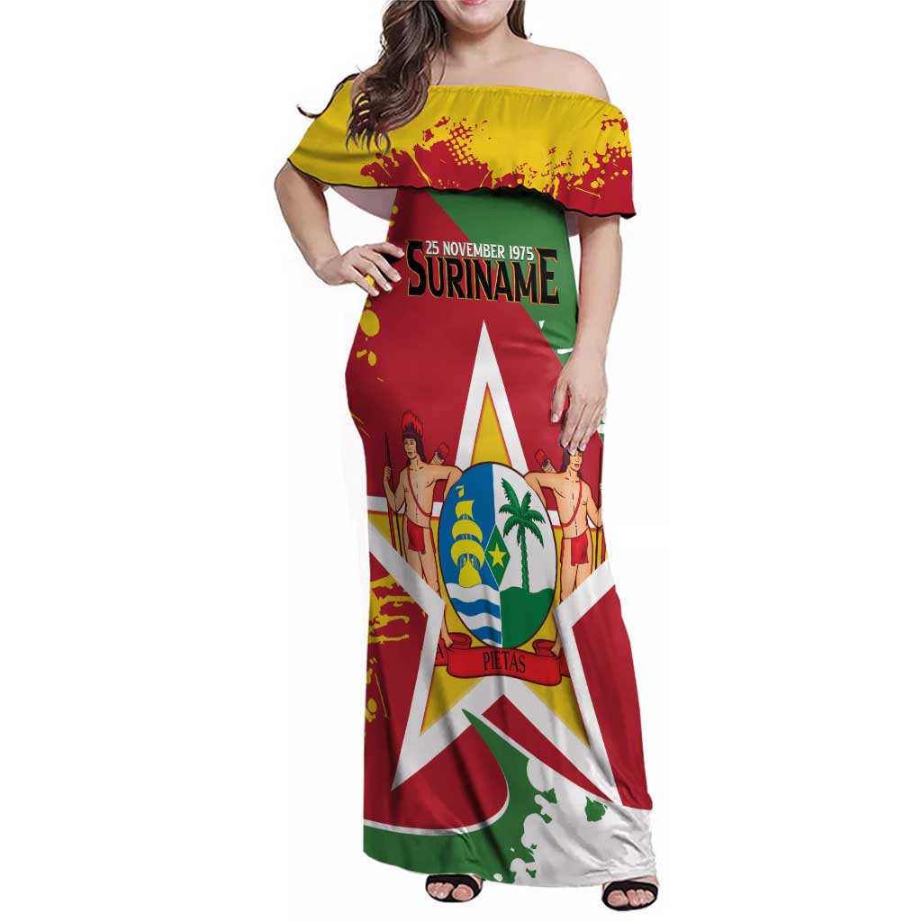 Personalized Suriname Independence Day Family Matching Off Shoulder Maxi Dress and Hawaiian Shirt Coat Of Arms - Flag Style - Wonder Print Shop