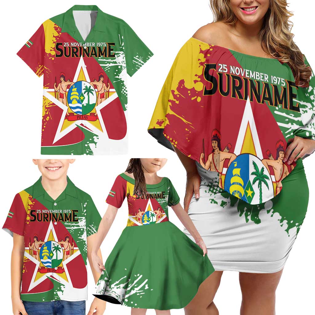 Personalized Suriname Independence Day Family Matching Off Shoulder Short Dress and Hawaiian Shirt Coat Of Arms - Flag Style - Wonder Print Shop