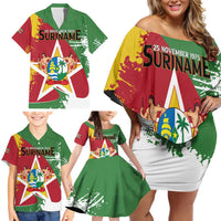 Personalized Suriname Independence Day Family Matching Off Shoulder Short Dress and Hawaiian Shirt Coat Of Arms - Flag Style - Wonder Print Shop