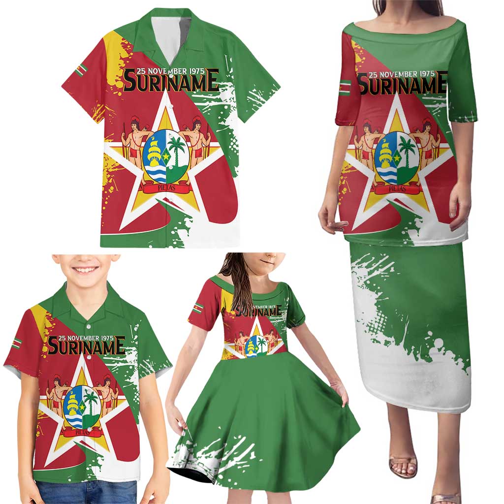 Personalized Suriname Independence Day Family Matching Puletasi and Hawaiian Shirt Coat Of Arms - Flag Style - Wonder Print Shop