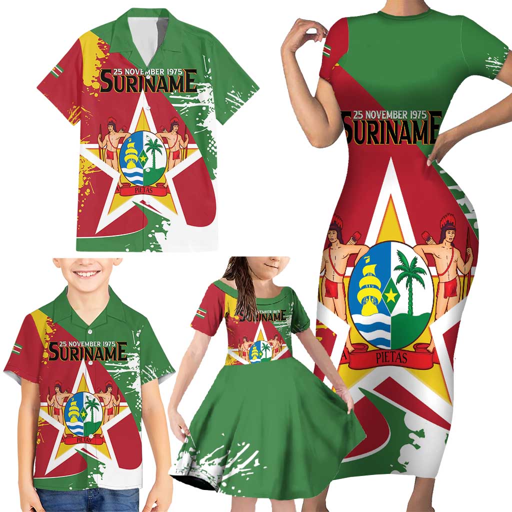 Personalized Suriname Independence Day Family Matching Short Sleeve Bodycon Dress and Hawaiian Shirt Coat Of Arms - Flag Style - Wonder Print Shop