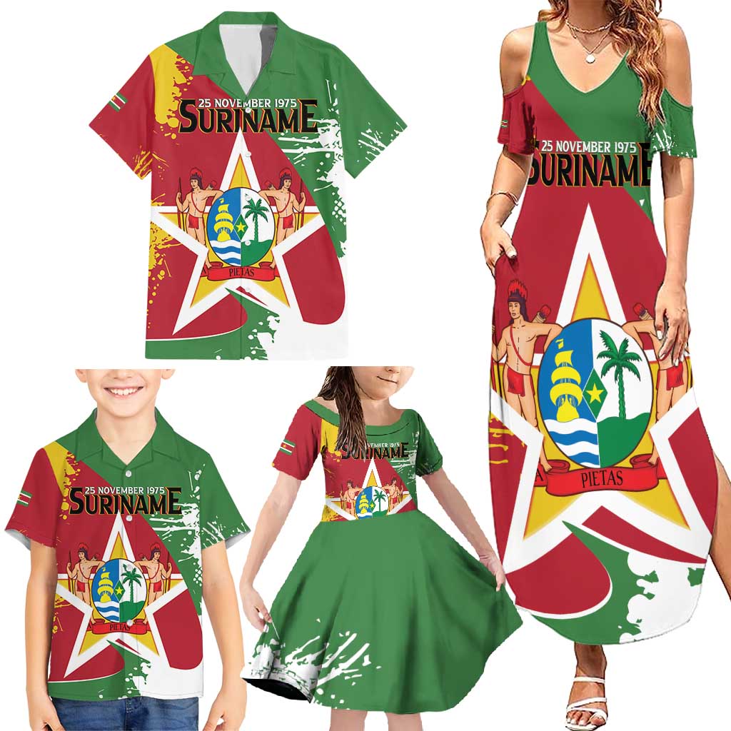 Personalized Suriname Independence Day Family Matching Summer Maxi Dress and Hawaiian Shirt Coat Of Arms - Flag Style - Wonder Print Shop
